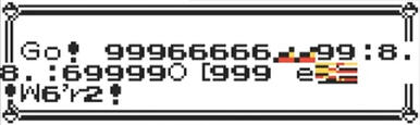Screenshot of glitched text from the first generation Pokemon games. The text reads "Go!" followed by a string of numbers, letters, and glitch tiles.