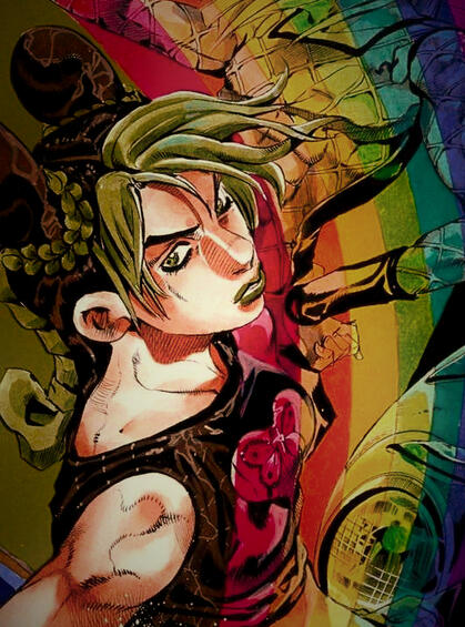 Official illustration of Jolyne Cujoh from cover B of Stone Ocean chapter 151. She's depicted besides a rainbow. She's looking at the viewer with a serious expression.