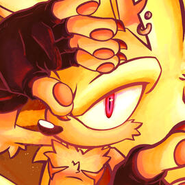 Close-up of a drawing of Super Sonic. He's looking at the viewer with a serious expression and shielding half of his face with the back of his hand.