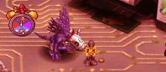 Animated gif from Digimon World PS1. The player and his Metalgreymon are standing in File City. Metalgreymon is performing his idle animation. The gif is color-corrected to make the scene look warmer than in-game.